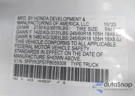 2023 Honda Ridgeline Rtl from USA, damaged, VIN 5FPYK3F57PB059308